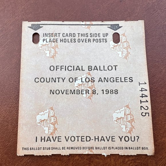 11/8/88‎ Official Presidential Ballot County of Los Angeles Ticket Stub - Picture 1 of 2